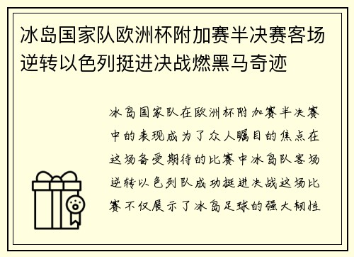 冰岛国家队欧洲杯附加赛半决赛客场逆转以色列挺进决战燃黑马奇迹