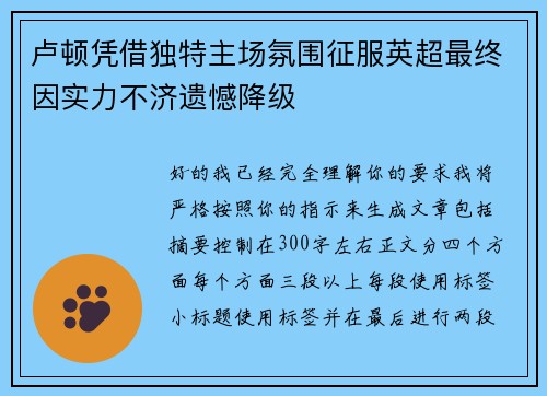 卢顿凭借独特主场氛围征服英超最终因实力不济遗憾降级