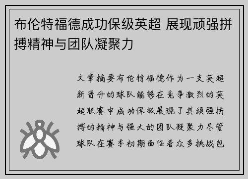 布伦特福德成功保级英超 展现顽强拼搏精神与团队凝聚力